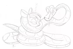 Size: 2812x1900 | Tagged: suggestive, artist:lol20, derpibooru import, apple bloom, earth pony, pony, snake, adorabloom, coils, cute, eyes closed, kaa, monochrome, onomatopoeia, simple background, sleeping, sound effects, traditional art, white background, wrapped up, wrapping, zzz