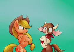 Size: 1280x904 | Tagged: safe, artist:huffy26, derpibooru import, applejack, arizona cow, cow, earth pony, pony, them's fightin' herds, atg 2020, bandana, cloven hooves, community related, cowboy hat, crossed hooves, duo, female, gradient background, hat, mare, newbie artist training grounds, pony arizona cow, square crossover