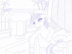 Size: 1024x768 | Tagged: safe, artist:novaintellus, derpibooru import, twilight sparkle, twilight sparkle (alicorn), alicorn, pony, atg 2020, beach, crown, female, jewelry, mare, monochrome, newbie artist training grounds, palm tree, regalia, solo, thought bubble, tree