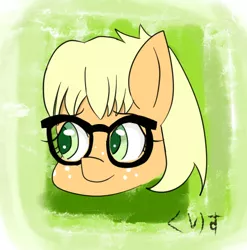 Size: 514x520 | Tagged: alternate universe, applejack, artist:kurisunimii, derpibooru import, glasses, hiragana, infp, nerd, nerd pony, safe, shy