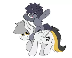 Size: 2928x2392 | Tagged: safe, artist:aaathebap, derpibooru import, oc, oc:kate, oc:kej, pegasus, unicorn, cute, duo, female, k+k, male, oc x oc, riding, riding a pony, shipping, straight