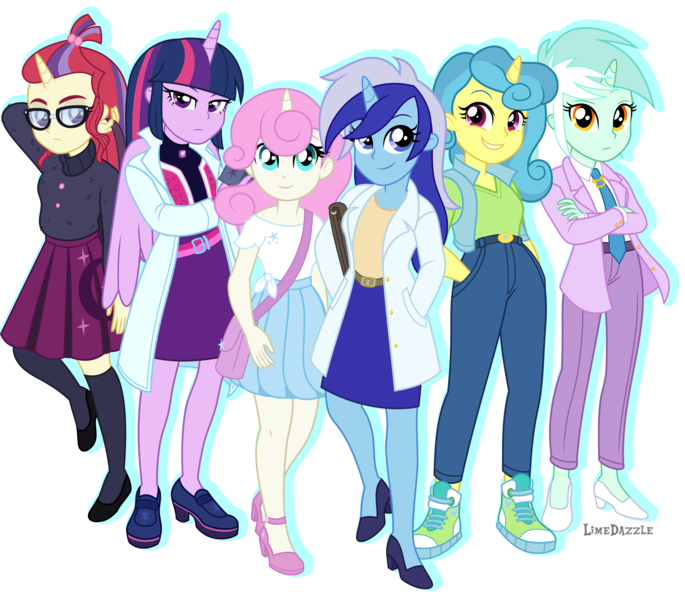 Size: 5951x5212 | Tagged: safe, artist:limedazzle, derpibooru import, lemon hearts, lyra heartstrings, minuette, moondancer, twilight sparkle, twinkleshine, human, equestria girls, canterlot six, clothes, equestria girls-ified, high heels, horn, horned humanization, humanized, jacket, lab coat, necktie, pants, purse, shoes, simple background, skirt, sweater, transparent background, wings