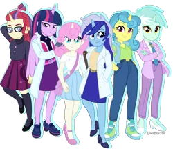 Size: 5951x5212 | Tagged: safe, artist:limedazzle, derpibooru import, lemon hearts, lyra heartstrings, minuette, moondancer, twilight sparkle, twinkleshine, human, equestria girls, canterlot six, clothes, equestria girls-ified, high heels, horn, horned humanization, humanized, jacket, lab coat, necktie, pants, purse, shoes, simple background, skirt, sweater, transparent background, wings