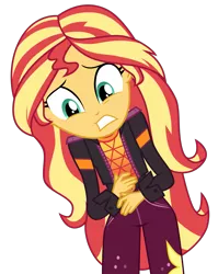 Size: 1207x1520 | Tagged: safe, artist:ponyalfonso, derpibooru import, sunset shimmer, equestria girls, equestria girls series, sunset's backstage pass!, spoiler:eqg series (season 2), clothes, cutie mark, cutie mark on clothes, female, jacket, pants, simple background, solo, teeth, transparent background, vector