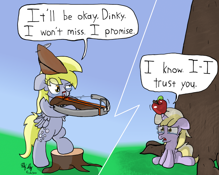 Size: 2000x1600 | Tagged: safe, artist:ebbysharp, derpibooru import, derpy hooves, dinky hooves, pegasus, pony, unicorn, apple, atg 2020, crossbow, duo, female, filly, food, mare, newbie artist training grounds, speech bubble, teary eyes, this will end in death, this will end in tears, this will end in tears and/or death, this will not end well, tree, tree stump, william tell