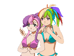 Size: 1024x768 | Tagged: age difference, animated, anime, artist:rikeza, bikini, breasts, clothes, commission, covering eyes, crack shipping, derpibooru import, female, gif, guess who, human, humanized, kissing, lesbian, older, older sweetie belle, palindrome get, ponytail, rainbow dash, shipping, side-tie bikini, simple background, suggestive, sweetie belle, sweetiedash, swimsuit, transparent background, your character here