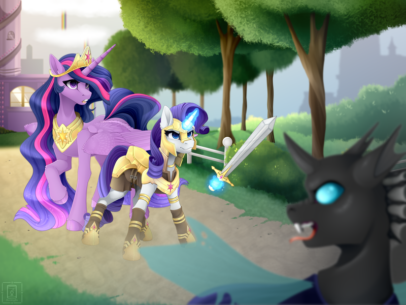 Size: 4724x3543 | Tagged: safe, artist:buvanybu, derpibooru import, princess twilight 2.0, rarity, twilight sparkle, twilight sparkle (alicorn), alicorn, changeling, unicorn, the last problem, alternate universe, armor, cloud, female, guardsmare, jewelry, lesbian, magic, mare, peytral, rainbow, rarilight, regalia, road, royal guard, shipping, sword, telekinesis, tree, weapon