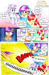 Size: 2289x3518 | Tagged: safe, artist:liaaqila, derpibooru import, apple bloom, scootaloo, sweetie belle, earth pony, pegasus, pony, unicorn, comic:fly high scoots, adorabloom, blank flank, cannon, comic, cute, cutealoo, cutie mark crusaders, diasweetes, female, filly, match, party cannon, pony cannonball, scootaloo can't fly, shrunken pupils, this will end well, worried