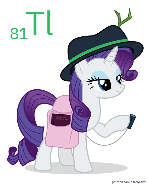 Size: 6400x8000 | Tagged: safe, artist:parclytaxel, derpibooru import, rarity, pony, unicorn, series:joycall6's periodic table, .svg available, absurd resolution, agatha christie, bag, book, chemistry, dexterous hooves, fedora, female, hat, hoof hold, lidded eyes, mare, periodic table, pun, saddle bag, scintillator, simple background, solo, thallium, twig, vector, visual pun, white background