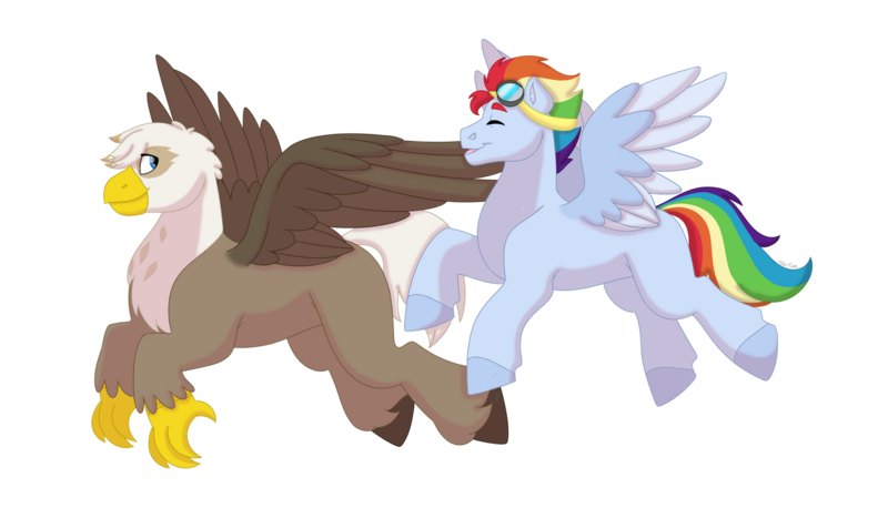 Size: 1280x732 | Tagged: safe, artist:itstechtock, derpibooru import, oc, oc:high glide, oc:spectrum rush, unofficial characters only, gryphon, hippogriff, hybrid, pony, flying, goggles, interspecies offspring, male, offspring, parent:dumbbell, parent:gilda, parent:rainbow dash, parent:soarin', parents:gildabell, parents:soarindash, simple background, stallion, transparent background