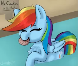 Size: 785x667 | Tagged: safe, artist:llametsul, derpibooru import, rainbow dash, pegasus, pony, atg 2020, chest fluff, cookie, cute, cutie mark, dashabetes, ear fluff, evil, eyes closed, female, food, fuck the police, mare, newbie artist training grounds, pleased, pure unfiltered evil, sign, signature, solo, swimming, swimming pool, wings