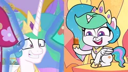 Size: 1280x720 | Tagged: safe, derpibooru import, screencap, princess celestia, alicorn, pony, between dark and dawn, my little pony: pony life, princess probz, spoiler:pony life s01e01, comparison, cute, faic, grin, nervous, nervous grin, smiling