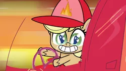 Size: 1920x1080 | Tagged: safe, derpibooru import, screencap, applejack, earth pony, pony, how applejack got her hat back, my little pony: pony life, spoiler:pony life s01e04, fire engine, firefighter, firefighter helmet, firemare jack, helmet, image, png, solo