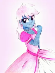 Size: 2278x3037 | Tagged: safe, artist:liaaqila, derpibooru import, oc, oc:azure/sapphire, unofficial characters only, equestria girls, clothes, crossdressing, dress, femboy, looking at you, male, pink dress, pink hair, smiling, solo, traditional art