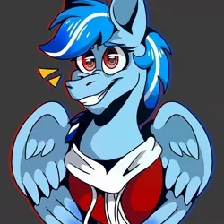 Size: 1080x1080 | Tagged: artist:lordofthefeathers, bust, clothes, dark background, derpibooru import, female, grin, mare, oc, oc:storm fly, pegasus, pegasus oc, safe, smiling, solo, unofficial characters only, wings