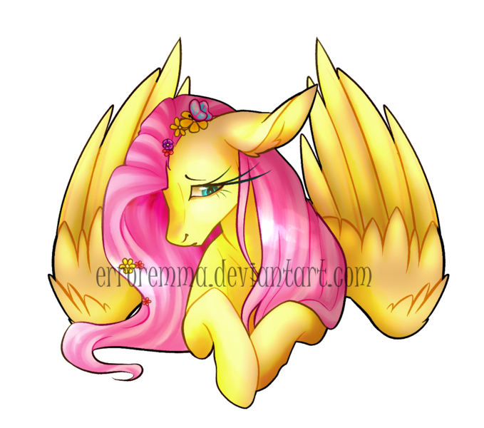 Size: 1218x1077 | Tagged: safe, artist:erroremma, derpibooru import, fluttershy, butterfly, pegasus, pony, bust, ear fluff, female, floppy ears, flower, flower in hair, looking away, looking down, mare, simple background, solo, spread wings, transparent background, wings