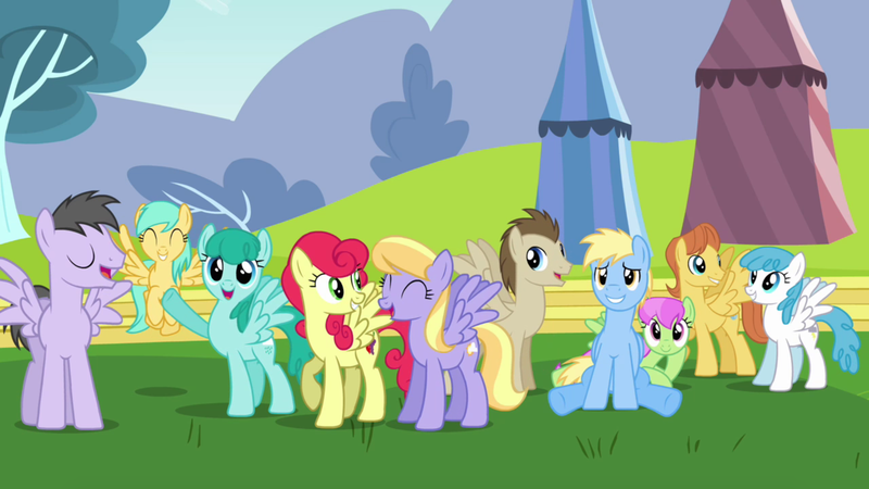 Size: 2000x1125 | Tagged: safe, derpibooru import, screencap, cerulean skies, cloud kicker, crescent pony, lightning bolt, mane moon, merry may, purple waters, spring melody, sprinkle medley, strawberry sunrise, sunshower raindrops, warm front, white lightning, pegasus, pony, hurricane fluttershy, background pony, crowd, eyes closed, female, male, mare, raised hoof, smiling, stallion