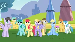 Size: 2000x1125 | Tagged: safe, derpibooru import, screencap, cerulean skies, cloud kicker, crescent pony, lightning bolt, mane moon, merry may, purple waters, spring melody, sprinkle medley, strawberry sunrise, sunshower raindrops, warm front, white lightning, pegasus, pony, hurricane fluttershy, background pony, crowd, female, looking up, male, mare, smiling, stallion