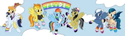 Size: 8744x2547 | Tagged: safe, artist:appleneedle, artist:icey-wicey-1517, color edit, derpibooru import, edit, braeburn, daring do, indigo zap, night glider, rainbow dash, soarin', spitfire, ponified, bat pony, earth pony, pegasus, pony, asexual, asexual pride flag, bisexual pride flag, choker, clothes, cloud, collaboration, colored, cowboy hat, daringfire, ear piercing, earring, equestria girls ponified, eyebrow piercing, fangs, female, flying, gay, gay pride flag, grin, hat, hoodie, hoof hold, image, indiglider, jewelry, leg warmers, lesbian, lesbian pride flag, male, mare, mouth hold, necklace, nonbinary, nonbinary pride flag, nose piercing, open mouth, pansexual, pansexual pride flag, piercing, png, pride, pride flag, pride month, pride ponies, raised hoof, raised leg, shipping, shirt, sky, smiling, soarburn, socks, stallion, striped socks, sweater, t-shirt, tattoo, trans girl, transgender, transgender pride flag, wall of tags, wristband