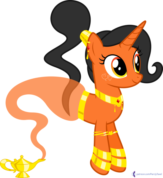 Size: 4000x4370 | Tagged: safe, artist:parclytaxel, derpibooru import, oc, oc:amani, unofficial characters only, genie, genie pony, pony, unicorn, .svg available, absurd resolution, armband, bracelet, collar, ear piercing, earring, female, floating, gold, jewelry, lamp, magic lamp, mare, patreon, patreon reward, piercing, ponytail, simple background, smiling, solo, transparent background, vector, waistband