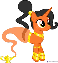 Size: 4000x4370 | Tagged: safe, artist:parclytaxel, derpibooru import, oc, oc:amani, unofficial characters only, genie, genie pony, pony, unicorn, .svg available, absurd resolution, armband, bracelet, collar, ear piercing, earring, female, floating, gold, jewelry, lamp, magic lamp, mare, patreon, patreon reward, piercing, ponytail, simple background, smiling, solo, transparent background, vector, waistband