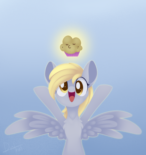 Size: 1248x1329 | Tagged: safe, artist:dusthiel, derpibooru import, derpy hooves, pegasus, pony, atg 2020, chest fluff, cute, derpabetes, female, food, gradient background, looking at you, mare, muffin, newbie artist training grounds, smiling, solo, that pony sure does love muffins, the legend of zelda