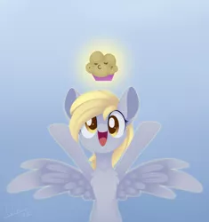 Size: 1248x1329 | Tagged: safe, artist:dusthiel, derpibooru import, derpy hooves, pegasus, pony, atg 2020, chest fluff, cute, derpabetes, female, food, gradient background, looking at you, mare, muffin, newbie artist training grounds, smiling, solo, that pony sure does love muffins, the legend of zelda