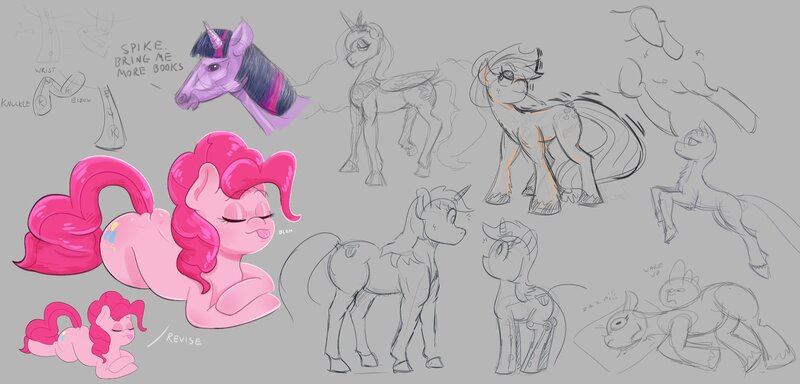 Size: 2251x1080 | Tagged: safe, artist:another_pony, derpibooru import, applejack, lyra heartstrings, pinkie pie, princess luna, twilight sparkle, oc, pony, doodles, duality, eyes closed, hoers, prone, self ponidox, sketch, sketch dump, tongue out