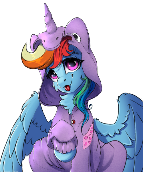 Size: 2500x3000 | Tagged: safe, artist:skitsniga, derpibooru import, rainbow dash, pegasus, pony, unicorn, :p, clothes, costume, cute, dashabetes, female, kigurumi, mare, pajamas, raised hoof, simple background, sitting, solo, tongue out, white background