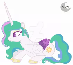 Size: 1920x1715 | Tagged: safe, artist:princesslunayay, derpibooru import, princess celestia, alicorn, pony, base used, chest fluff, colored wings, deviantart, deviantart watermark, ear fluff, eyeshadow, female, hoof fluff, hooves, logo, makeup, mare, multicolored mane, multicolored wings, obtrusive watermark, redesign, simple background, solo, starry eyes, watermark, white background, wing fluff, wingding eyes, wings