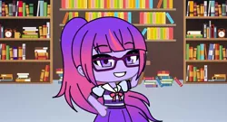 Size: 1080x582 | Tagged: safe, artist:dank_twilightnardo, derpibooru import, sci-twi, twilight sparkle, equestria girls, alarm clock, arm behind head, book, bookshelf, clock, clothes, female, gacha life, glasses, library, smiling, solo