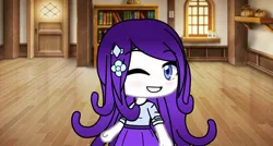 Size: 1080x580 | Tagged: safe, artist:dank_twilightnardo, derpibooru import, rarity, equestria girls, clothes, female, gacha life, grin, hairclip, indoors, one eye closed, smiling, solo, wink