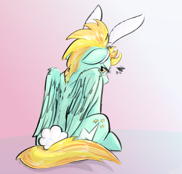 Size: 951x913 | Tagged: safe, artist:testostepone, derpibooru import, lightning dust, pegasus, pony, blushing, bunny ears, bunny tail, cute, dust bunny, dustabetes, female, grumpy, looking at you, mare, pun, simple background, solo