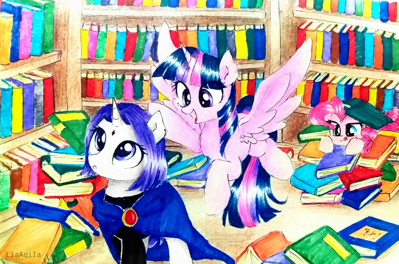 Size: 3450x2283 | Tagged: safe, artist:liaaqila, derpibooru import, pinkie pie, twilight sparkle, twilight sparkle (alicorn), ponified, alicorn, earth pony, pony, unicorn, amazed, book, bookshelf, excited, hiding, hunting, library, raven (teen titans), tara strong, teen titans, that pony sure does love books, tongue out, voice actor joke