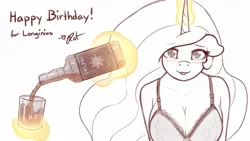 Size: 1600x900 | Tagged: suggestive, artist:ratofdrawn, derpibooru import, princess celestia, alicorn, anthro, :p, adorasexy, alcohol, big breasts, birthday, bra, breasts, busty princess celestia, cleavage, clothes, cute, cutelestia, female, lingerie, looking at you, magic, mare, monochrome, neo noir, partial color, pouring, sexy, solo, solo female, telekinesis, tongue out, underwear