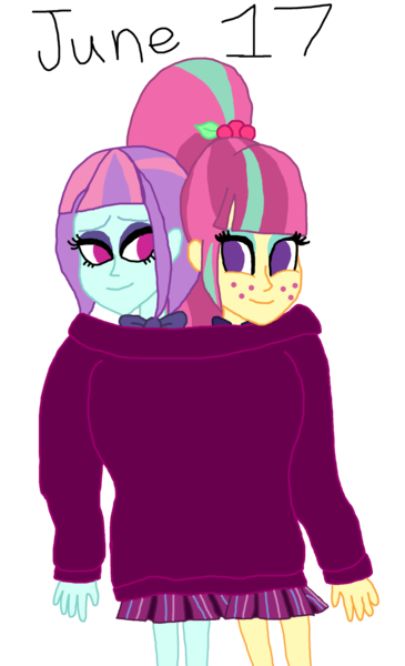 Size: 1168x1920 | Tagged: safe, artist:horroraceman93, derpibooru import, sour sweet, sunny flare, equestria girls, clothes, female, lesbian, pride month, shipping, simple background, sourflare, sweater, transparent background