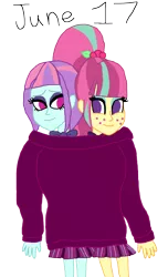 Size: 1168x1920 | Tagged: safe, artist:horroraceman93, derpibooru import, sour sweet, sunny flare, equestria girls, clothes, female, lesbian, pride month, shipping, simple background, sourflare, sweater, transparent background