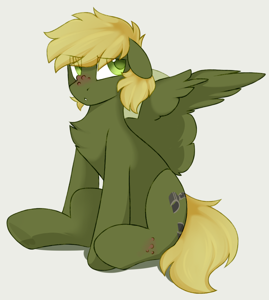 Size: 1111x1239 | Tagged: safe, artist:crimmharmony, derpibooru import, oc, oc:murky, unofficial characters only, pegasus, pony, fallout equestria, fallout equestria: murky number seven, fanfic art, male, murkynumberseven, pouting, shaded sketch, simple background, sitting, solo, stallion