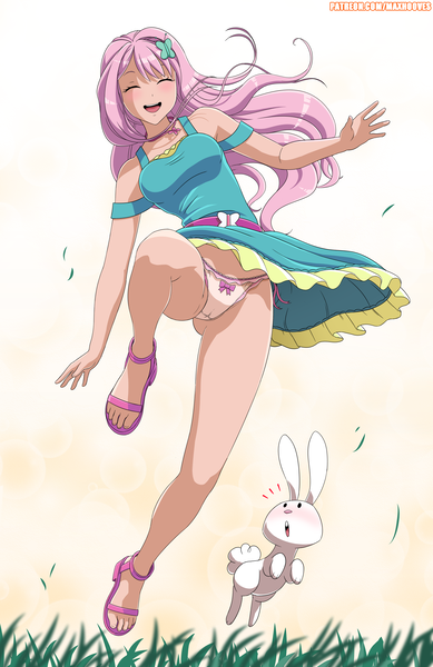 Size: 2656x4092 | Tagged: questionable, artist:rambon7, derpibooru import, kotobukiya, angel bunny, fluttershy, human, adorasexy, anime, beautisexy, blushing, breasts, cameltoe, clothes, cute, dress, eyes closed, eyes on the prize, frilly underwear, humanized, jewelry, kotobukiya fluttershy, looking up, necklace, open mouth, panties, patreon, pink underwear, ribbon, sandals, sexy, shyabetes, side knot underwear, skirt, smiling, underwear, upskirt