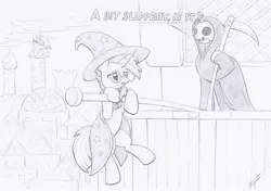 Size: 1024x722 | Tagged: safe, artist:xeviousgreenii, derpibooru import, sunburst, pony, atg 2020, clothes, discworld, grim reaper, hat, monochrome, newbie artist training grounds, robe, scythe, sunburst's robe, wizard hat