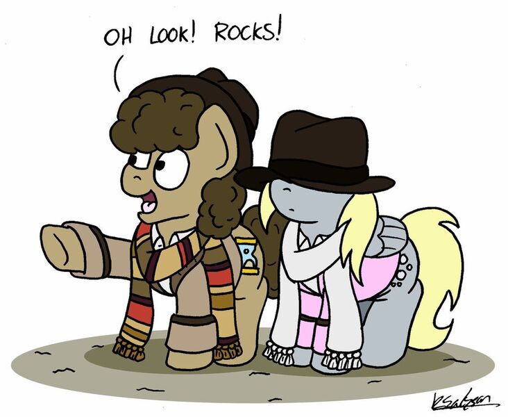Size: 1024x839 | Tagged: safe, artist:bobthedalek, derpibooru import, derpy hooves, doctor whooves, time turner, earth pony, pegasus, pony, alternate hairstyle, atg 2020, clothes, coat, cute, derpabetes, destiny of the daleks, doctor who, doctorbetes, fourth doctor, hat, hat over eyes, newbie artist training grounds, pointing, romana, romana ii, scarf, tom baker, tom baker's scarf