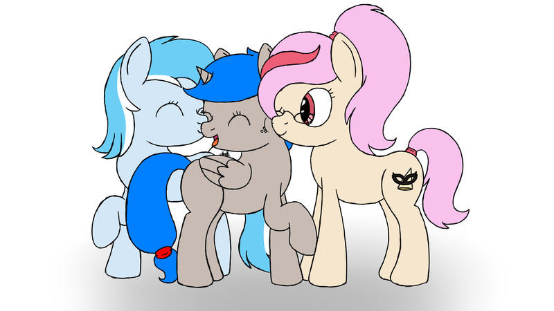 Size: 1920x1080 | Tagged: safe, artist:spritepony, derpibooru import, oc, oc:snow frost, oc:sprite, oc:understudy, unofficial characters only, alicorn, earth pony, pony, alicorn oc, colored sketch, earth pony oc, female, group, horn, lesbian, newbie artist training grounds, nuzzling, shipping, simple background, sketch, wings