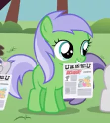 Size: 288x323 | Tagged: safe, derpibooru import, screencap, key lime, snails, snips, tornado bolt, truffle shuffle, earth pony, pony, ponyville confidential, background pony, cropped, female, filly, foal, foal free press, mouth hold, newspaper, solo focus