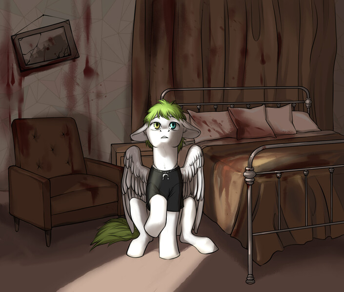 Size: 2066x1758 | Tagged: semi-grimdark, artist:lumos_dragon, derpibooru import, ponified, pegasus, pony, awsten knight, beam of light, bed, blood, blood stains, caught, clothes, commission, couch, curtains, dyed mane, dyed tail, floppy ears, heterochromia, horseshoes, implied murder, jewelry, male, necklace, offscreen character, picture, pillow, raised hoof, shirt, sitting, solo, stallion, t-shirt, waterparks, wings, ych result