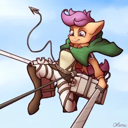 Size: 2000x2000 | Tagged: anime, anthro, artist:ohemo, atg 2020, attack on titan, clothes, crossover, derpibooru import, female, harness, newbie artist training grounds, safe, scootaloo, solo, sword, tack, weapon