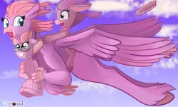 Size: 1500x900 | Tagged: safe, artist:cosmonaut, derpibooru import, oc, oc:open book, oc:slipstream, classical hippogriff, donkey, hippogriff, unicorn, flying, size difference, volcano