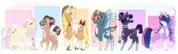 Size: 2544x776 | Tagged: safe, artist:scarletdaymlp, derpibooru import, applejack, fluttershy, pinkie pie, rainbow dash, rarity, twilight sparkle, twilight sparkle (alicorn), alicorn, earth pony, pony, unicorn, alternate cutie mark, alternate design, beanbrows, bow, chest fluff, choker, colored hooves, cowboy hat, eyebrows, freckles, goggles, hat, image, mane six, pincushion, png, redesign, tail bow, tongue out, twitterina design, unshorn fetlocks