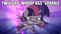 Size: 960x541 | Tagged: safe, derpibooru import, edit, edited screencap, screencap, twilight sparkle, twilight sparkle (alicorn), alicorn, pony, my little pony: pony life, angry, bipedal, caption, female, image macro, mare, solo, sunburst background, text, twilight is not amused, unamused, vulgar