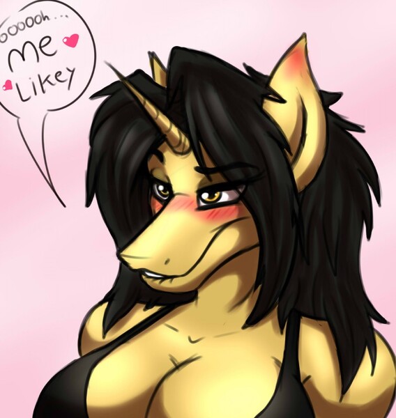 Size: 757x800 | Tagged: suggestive, artist:metalfoxxx, artist:thedrunkcoyote, derpibooru import, oc, oc:amber steel, unofficial characters only, anthro, unicorn, abstract background, anthro oc, aroused, big breasts, blushing, blushing ears, breasts, bust, busty oc, cleavage, dialogue, female, heart, lip bite, solo