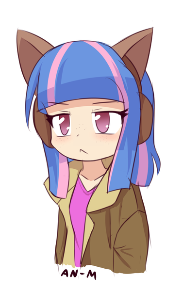 Size: 952x1515 | Tagged: anime, artist:an-m, cat ears, clothes, cropped, derpibooru import, earmuffs, explicit source, female, frown, headband, human, humanized, jacket, raised eyebrow, safe, simple background, solo, white background, wind sprint